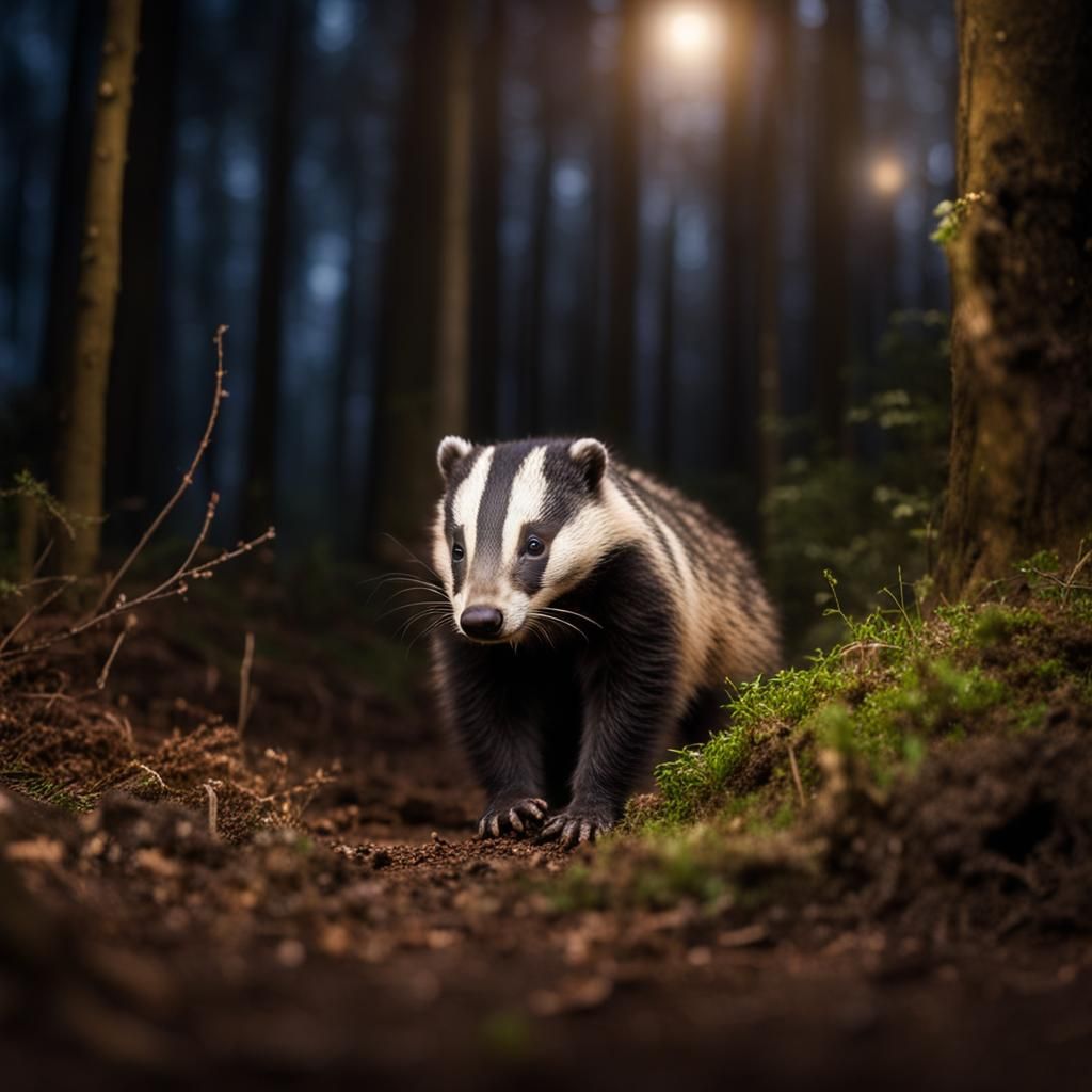 Badgers Digging in Forest at Night: Photography