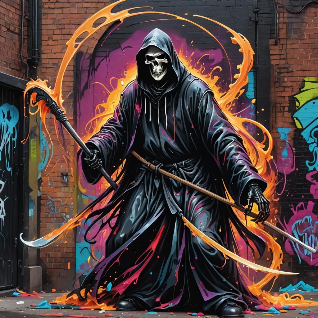 Graffiti Grim Reaper in Polychromatic Splash Art