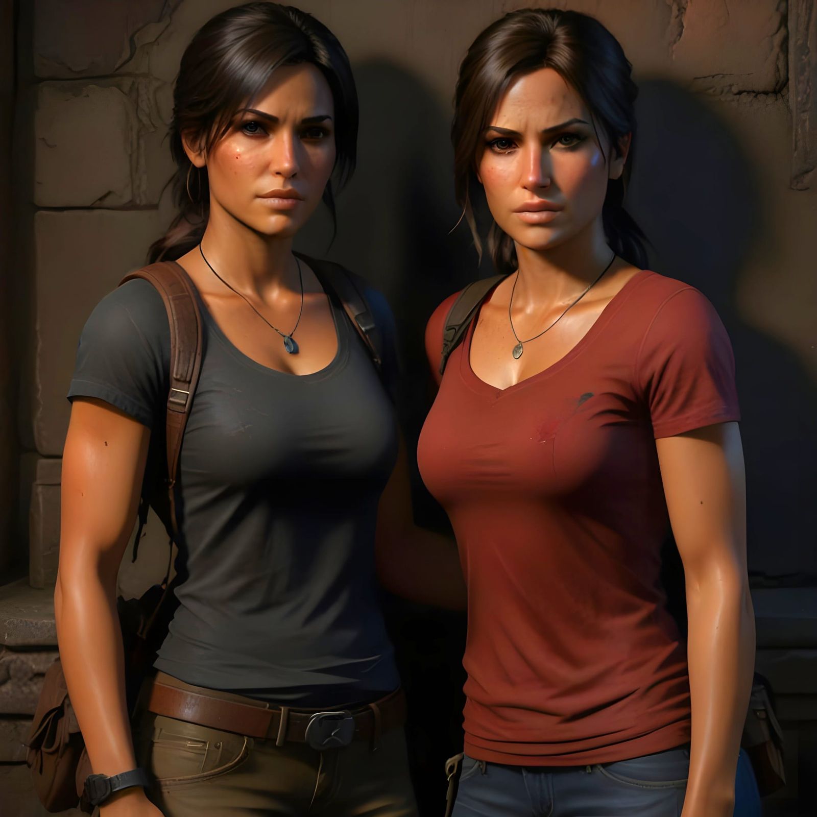 Surreal Mashup of Chloe Frazer and Lara Croft in Triadic Col...