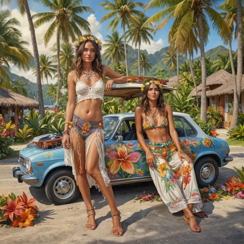 Hippie Woman in Tahiti, Watercolor Paradise