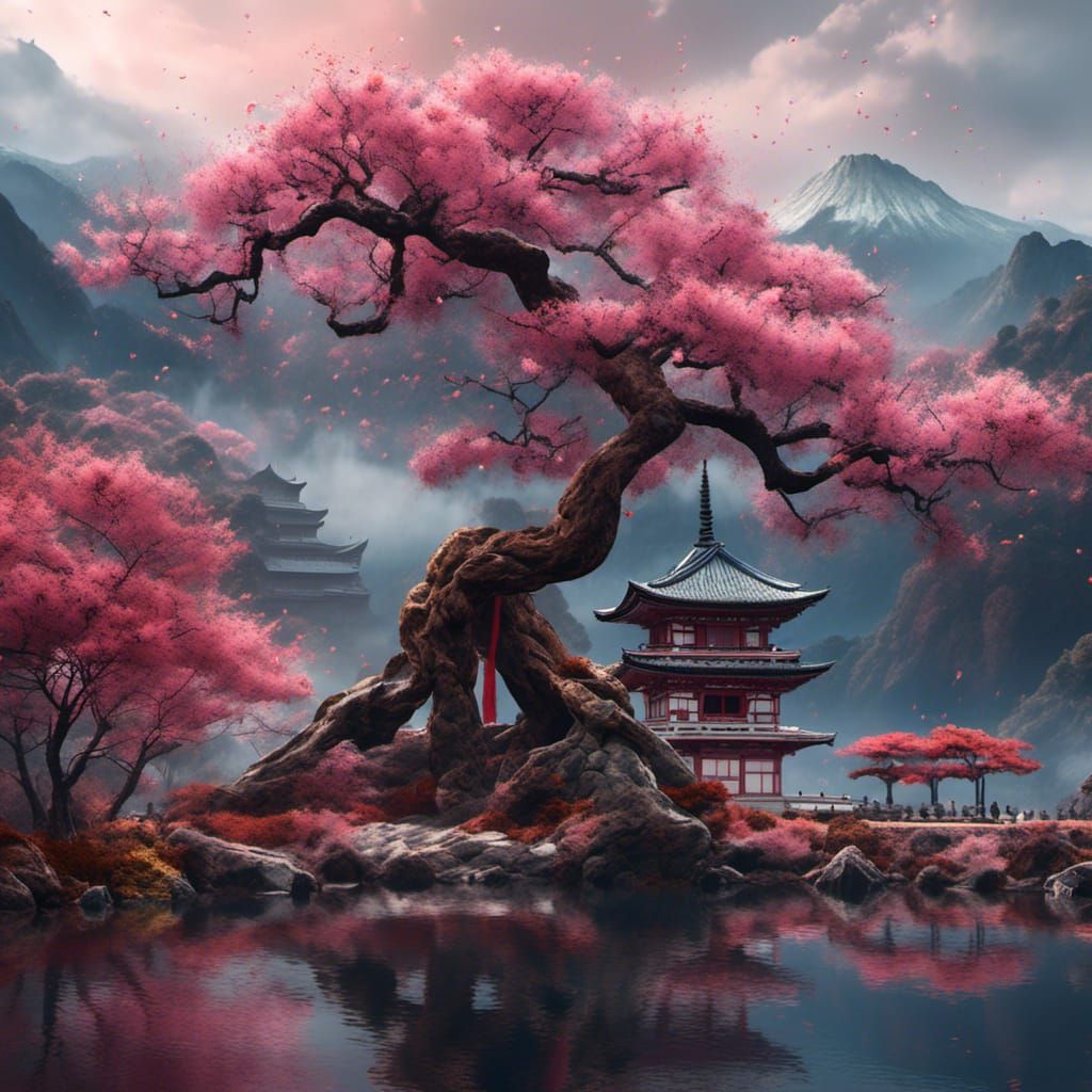 Sakura Tree by Lake: Fantasy Matte Painting