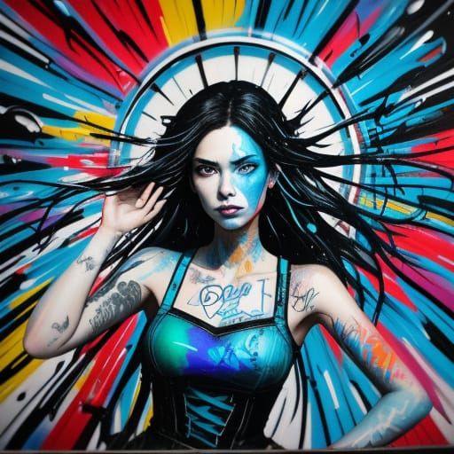 Woman on Carousel in Vibrant Graffiti Art Style