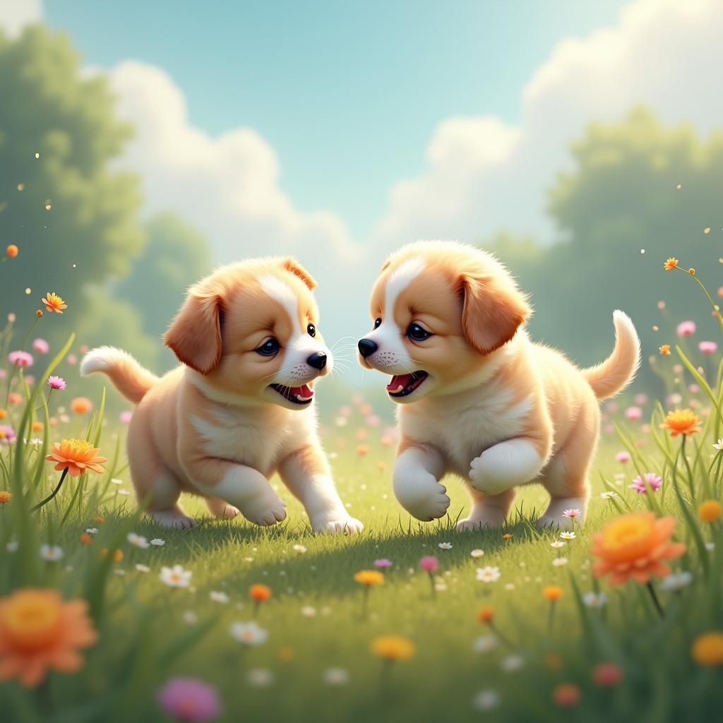 Puppies and Kittens Play in Dreamlike Matte Painting