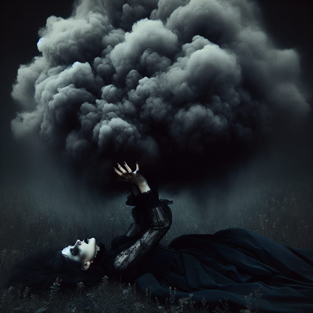 Melancholic Gothic: Woman Battling Sadness in Misty Field