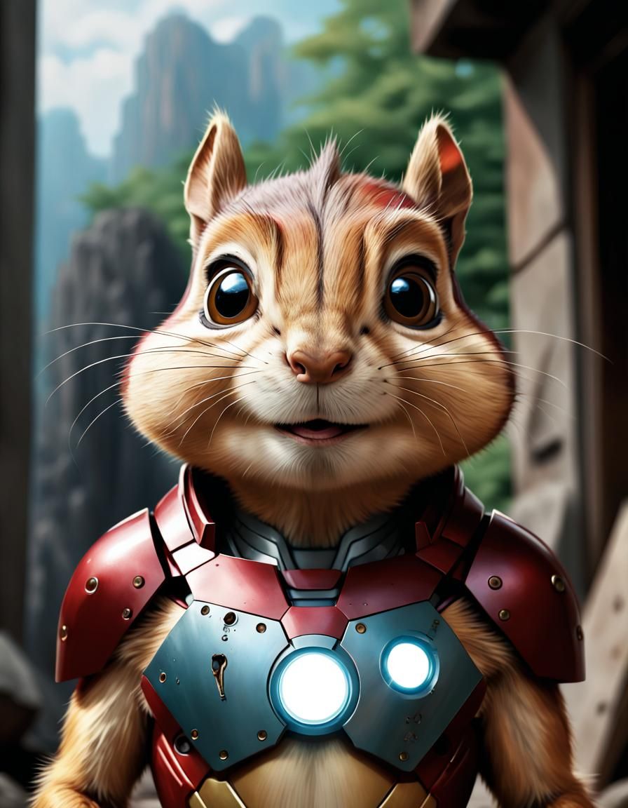 Chipmunk as Iron Man in Ghibli-Style Comic Art