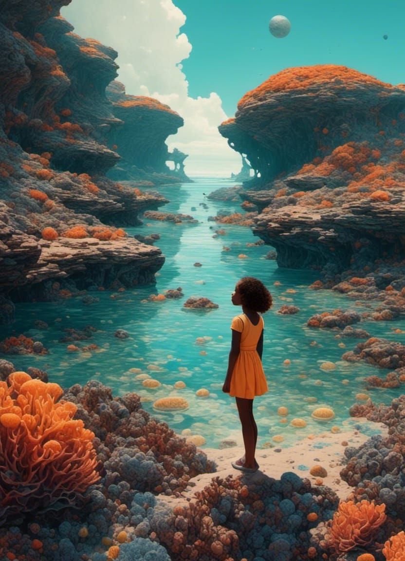 Girl in Caribbean Tide Pools, Pop Art Style