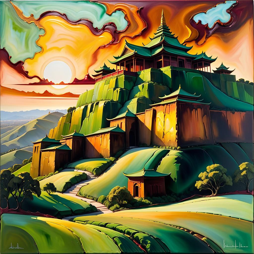 Temple on Hill in Encaustic Painting Style