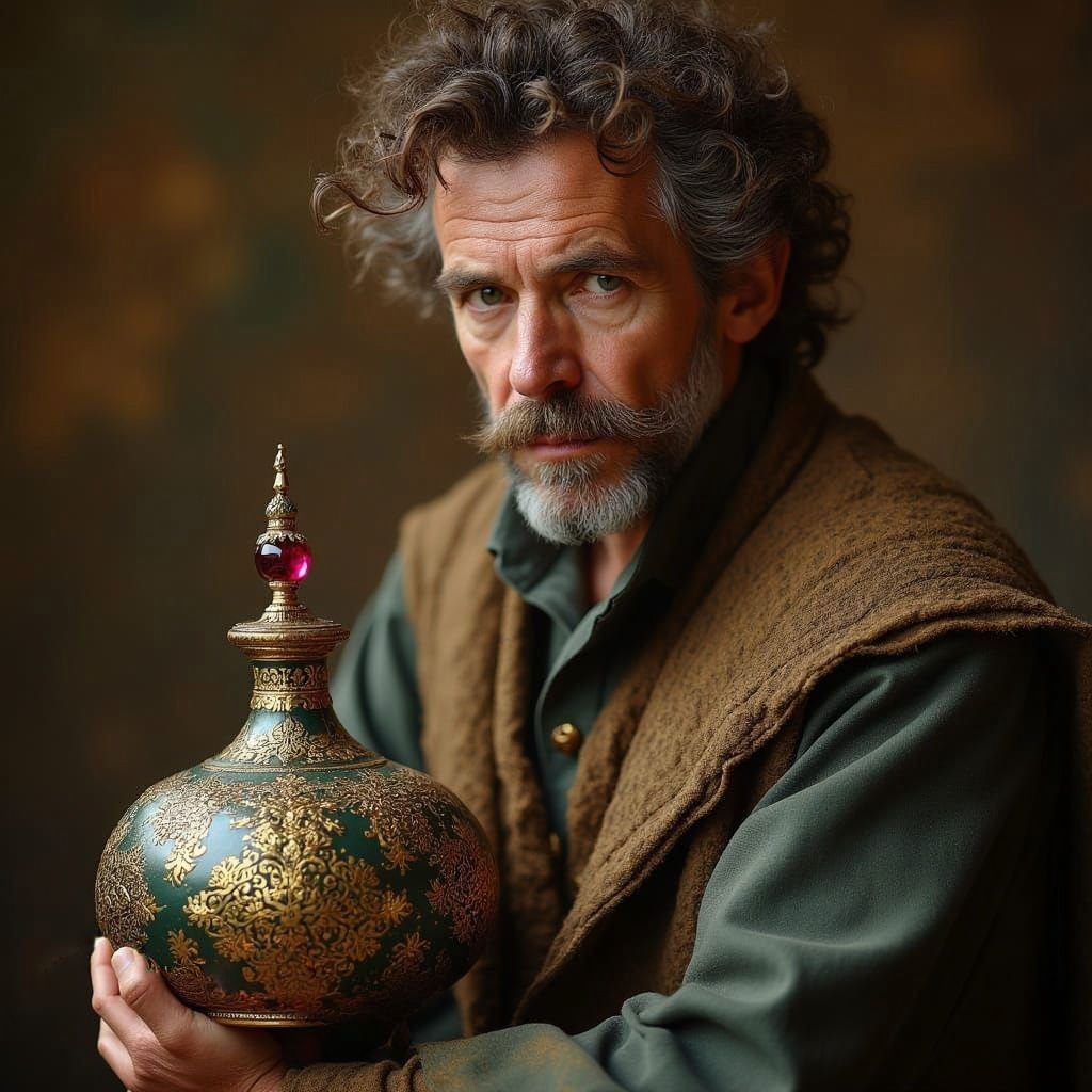Middle-Aged Sage with Unruly Hair and Golden Genie Bottle