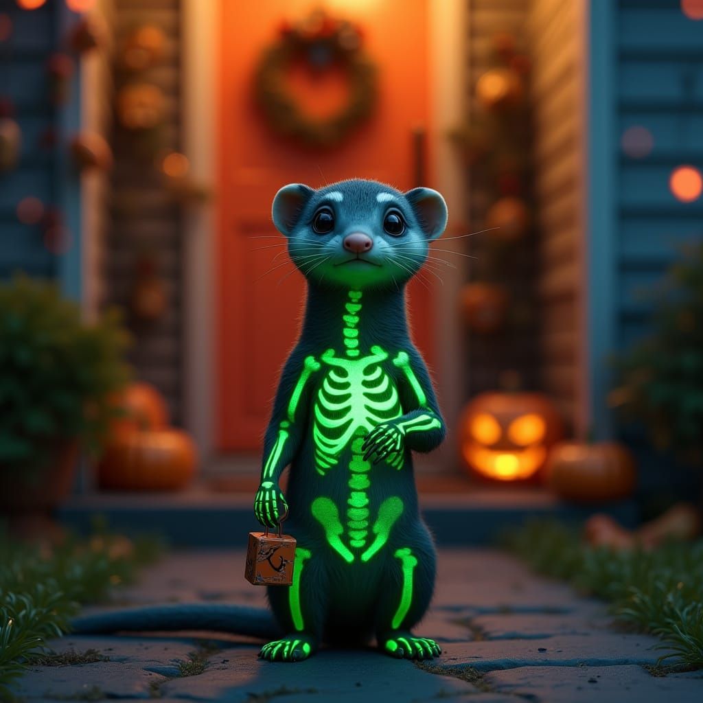 Cute Weasel Trick-or-Treating with Neon Skeleton Design