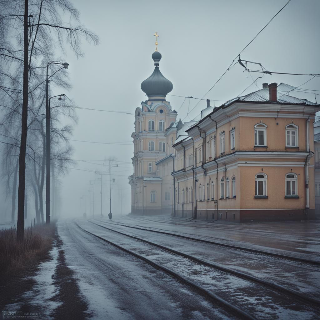 Doomer Style Russian Cityscape with Fog