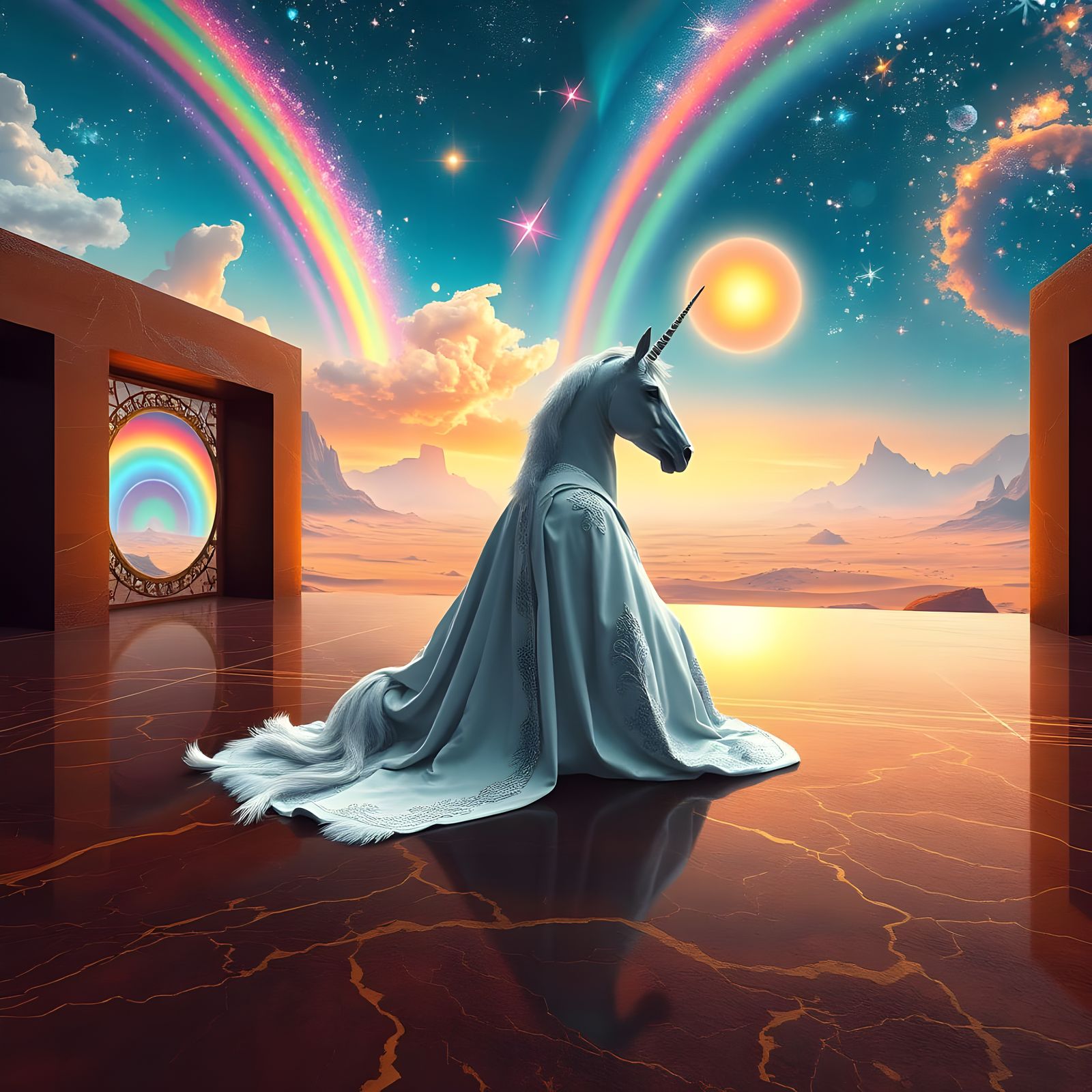 Nebula Unicorn King in Futuristic Galactic Desert