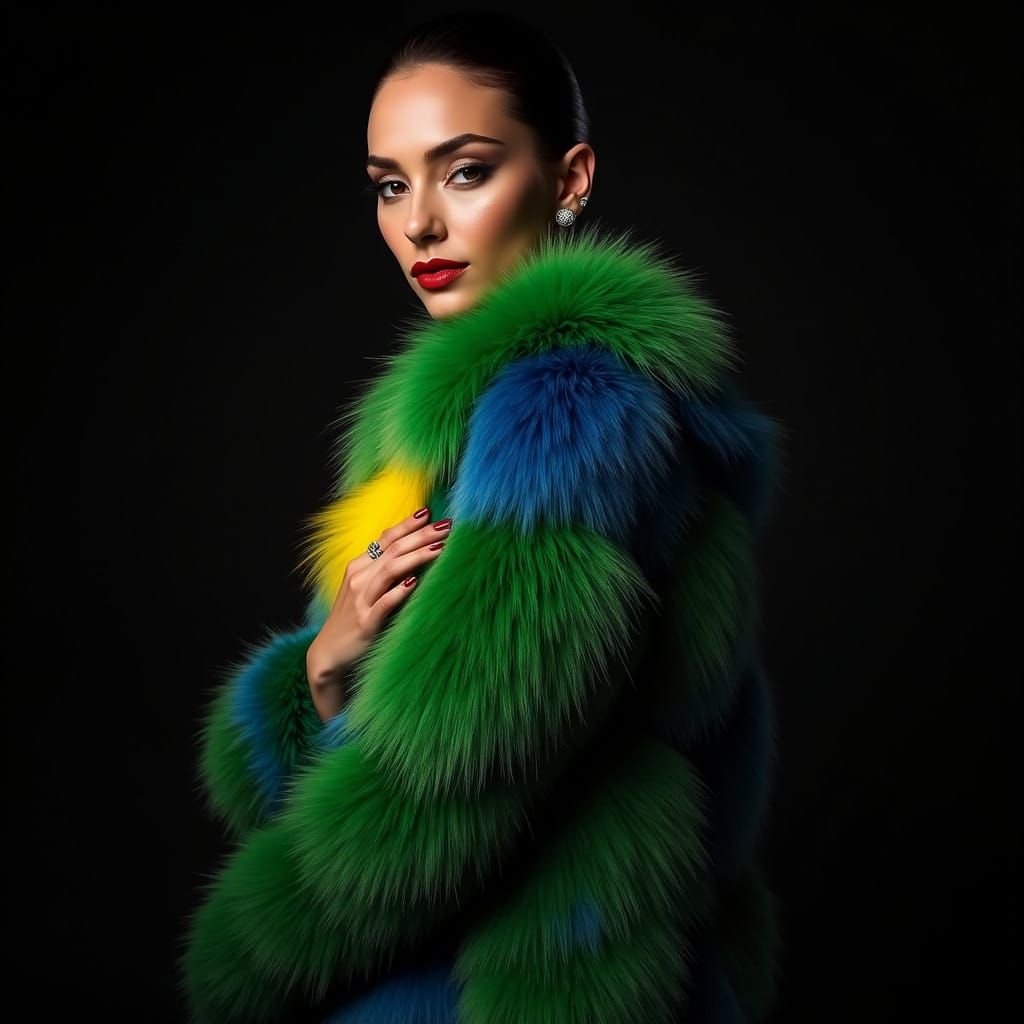 Elegant Model in Vibrant Toucan-Inspired Fur Coat