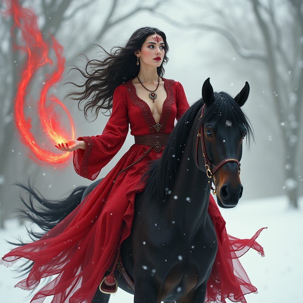 Mystical Enchantress Rides through a Snowy Landscape in a Fi...