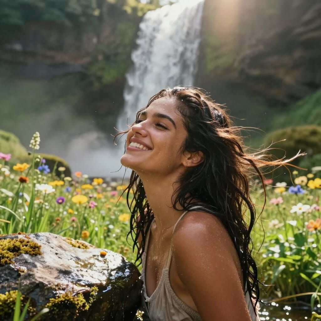 Radiant Woman Bathes Under Majestic Waterfall