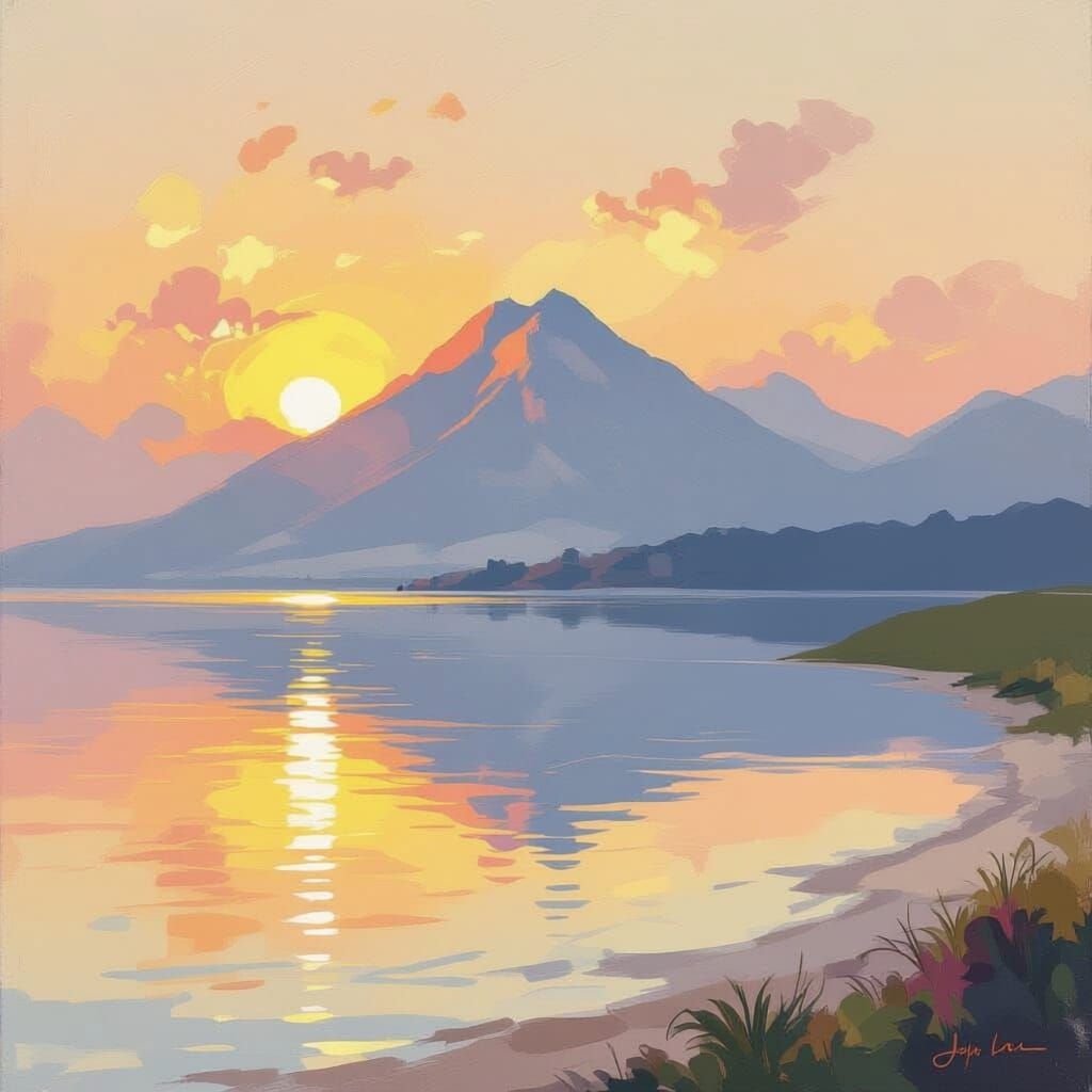 Soft Painterly Sunrise Over Calm Sea with Mountain