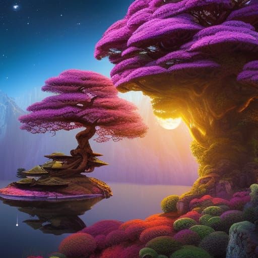 Floating Bonsai Island Under Beaming Moon