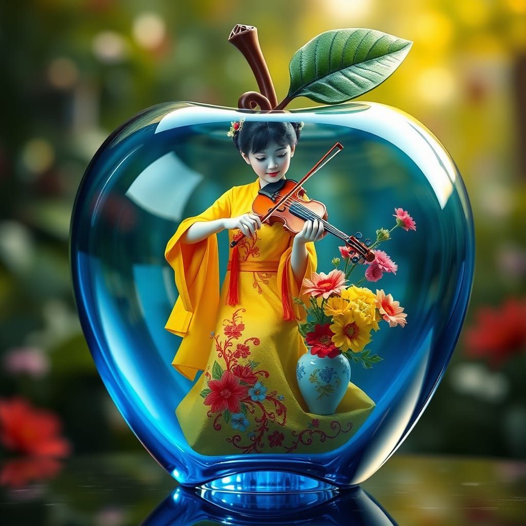 Glass Apple with Girl Playing Violin, Macro Photography