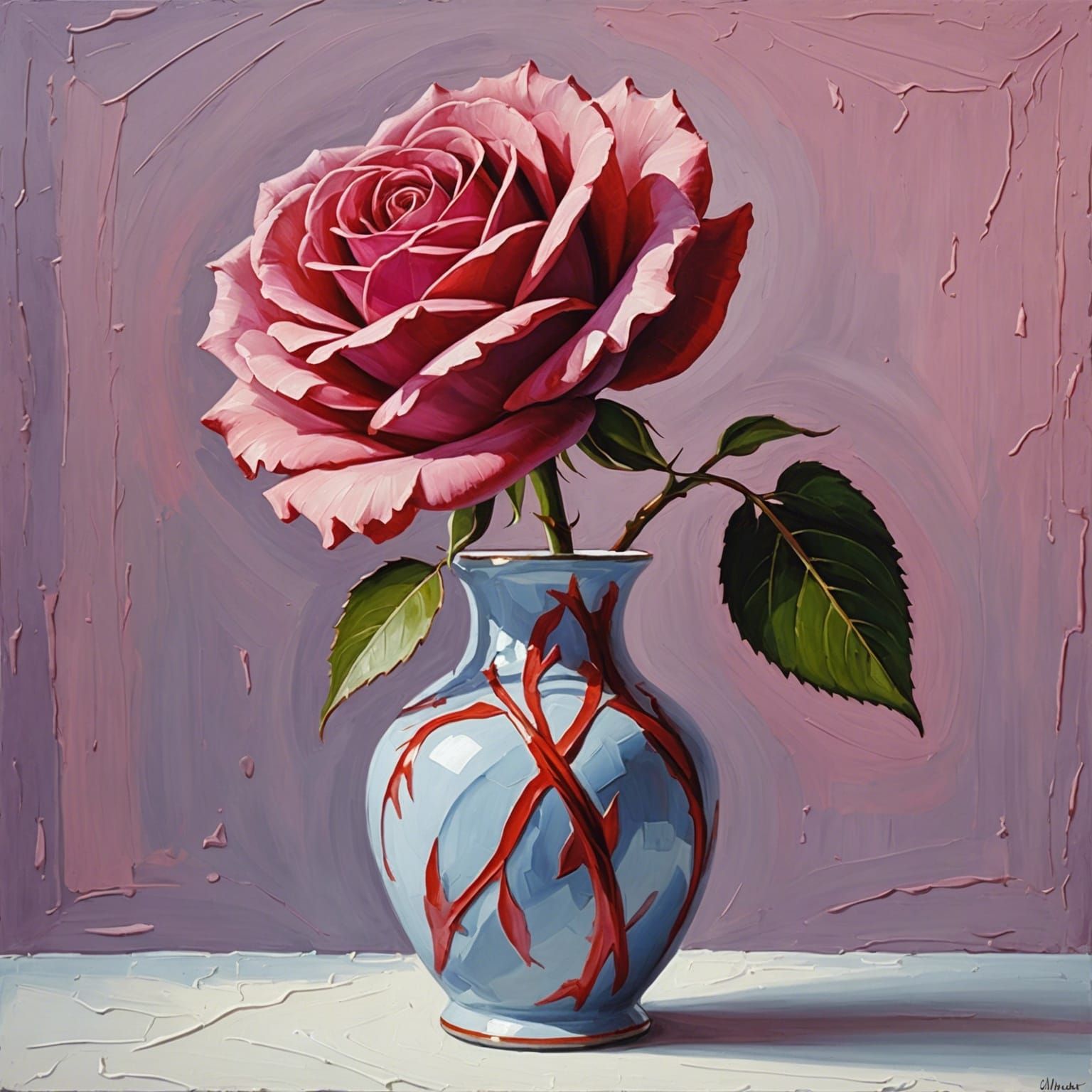 Hypercloseup Rose in Vase as Impasto Oil Painting