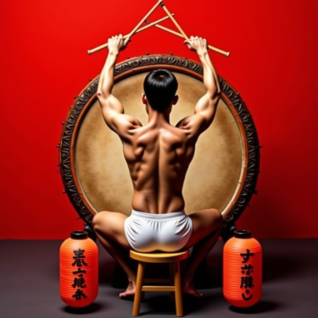 <lora:Fantaisie portrait:1.0> This image depicts a muscular, athletic Japanese man practicing kodo, seen from behind. Se...