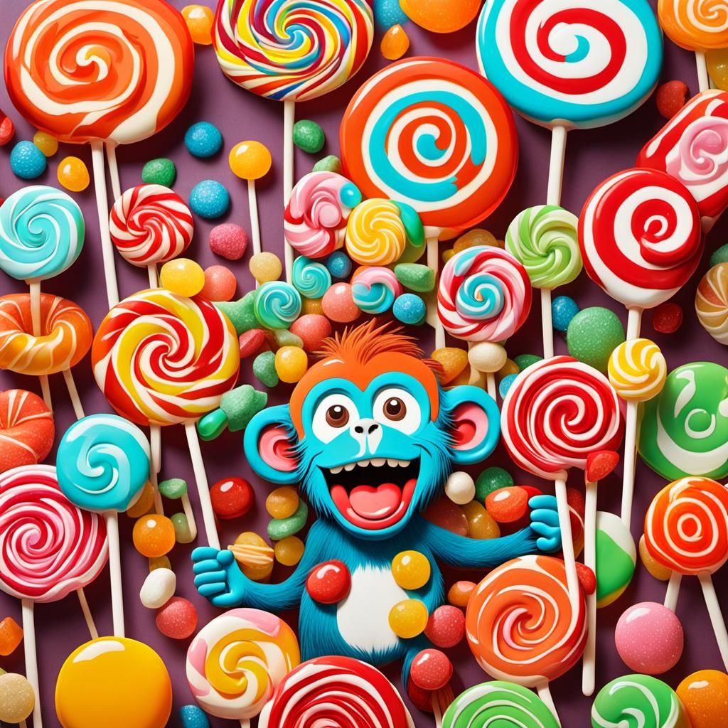 Monkey Surrounded by Candy in Whimsical Style