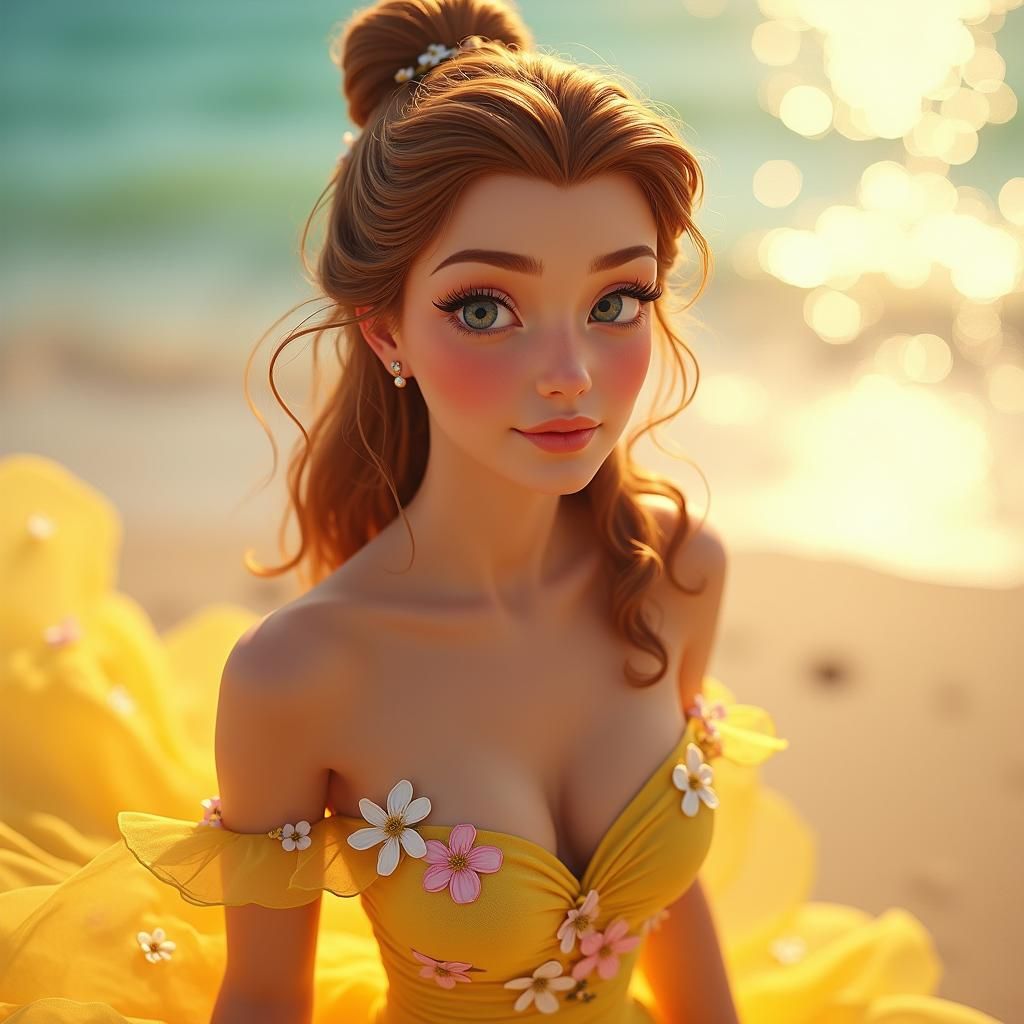 Belle as Porcelain Doll on Sun-Kissed Beach
