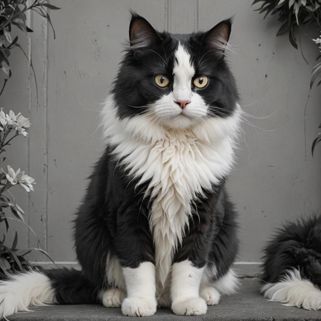 Surreal Portrait of a Plush Black and White Feline