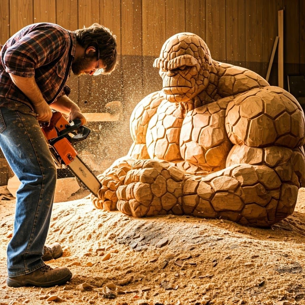 Chainsaw Woodcarving of Marvel's The Thing