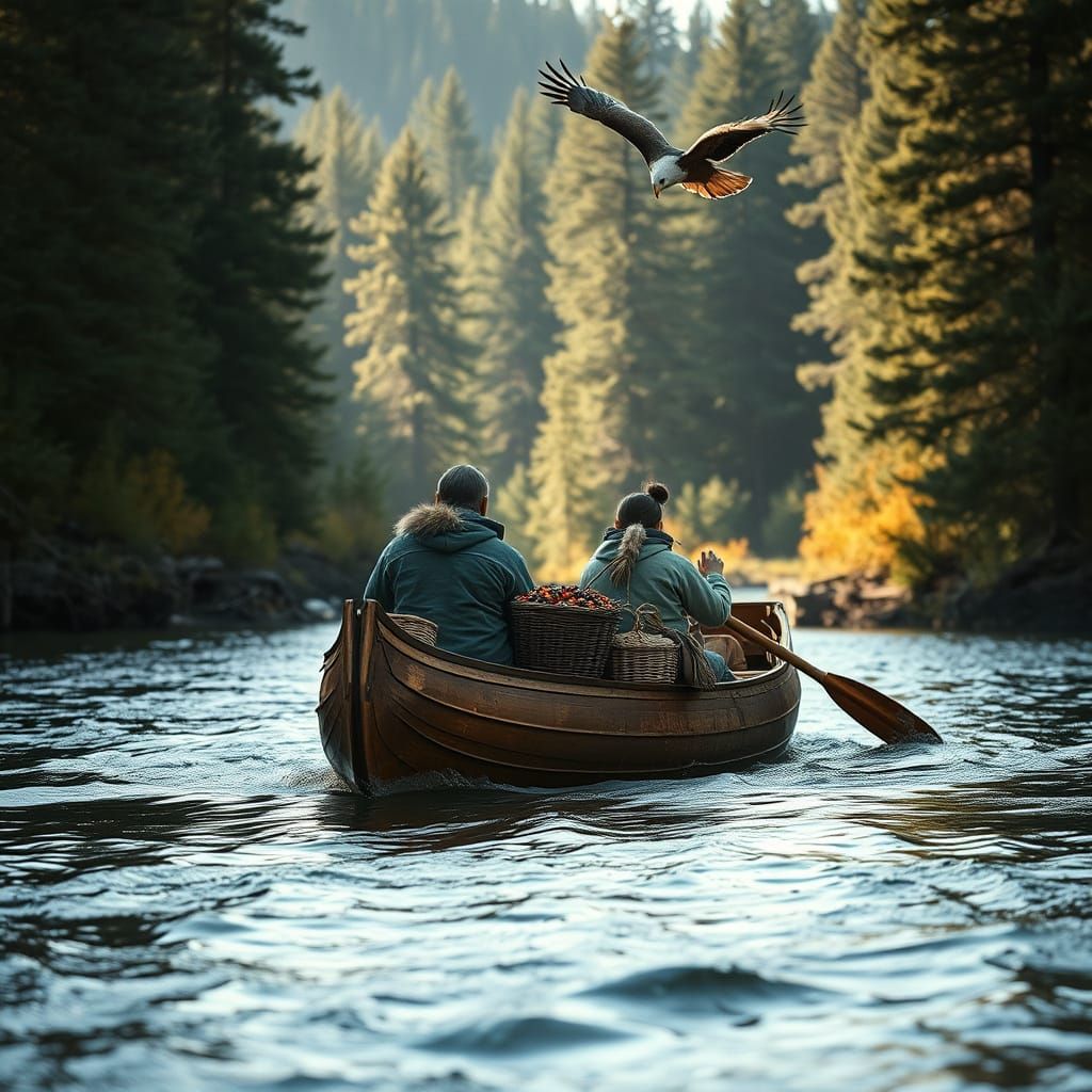 Indigenous Family Canoeing Through Forested River