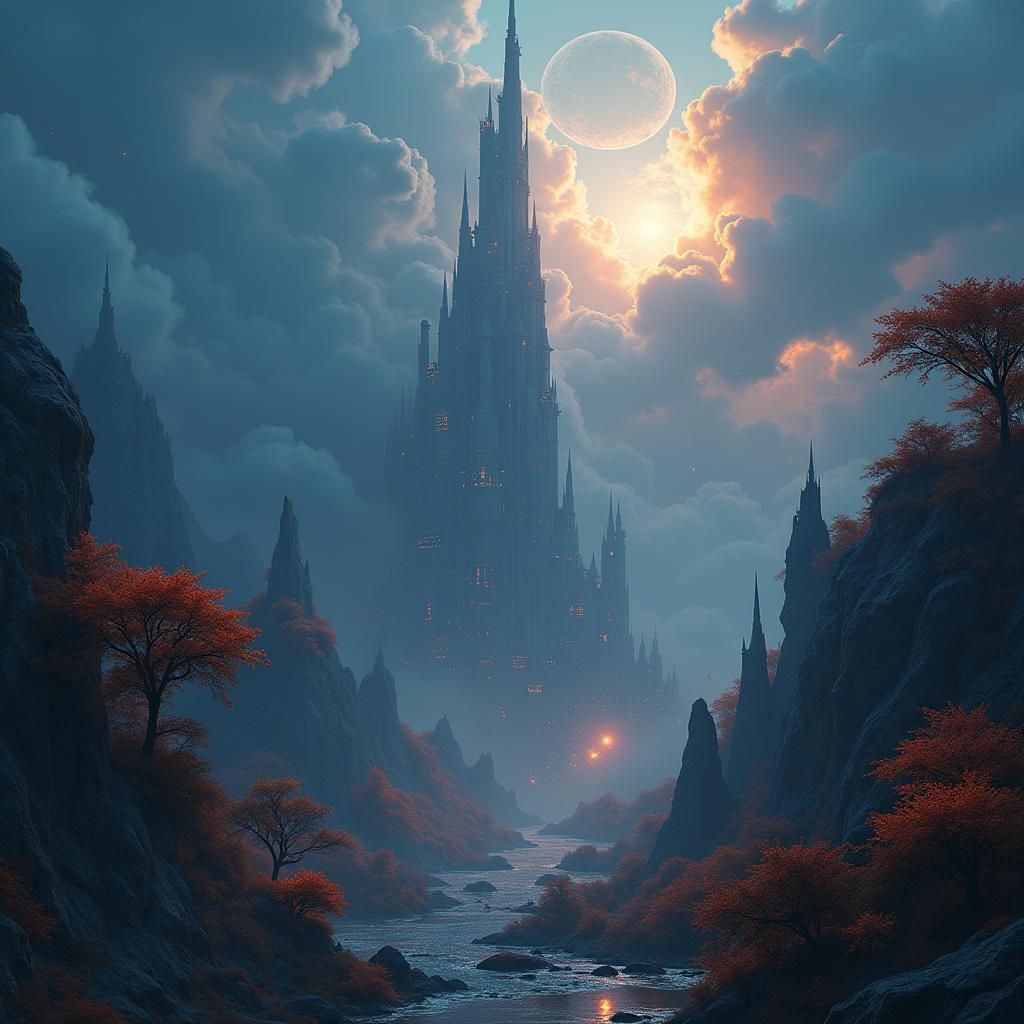 Dreamlike Futuristic Cityscape with Bioluminescent Flora