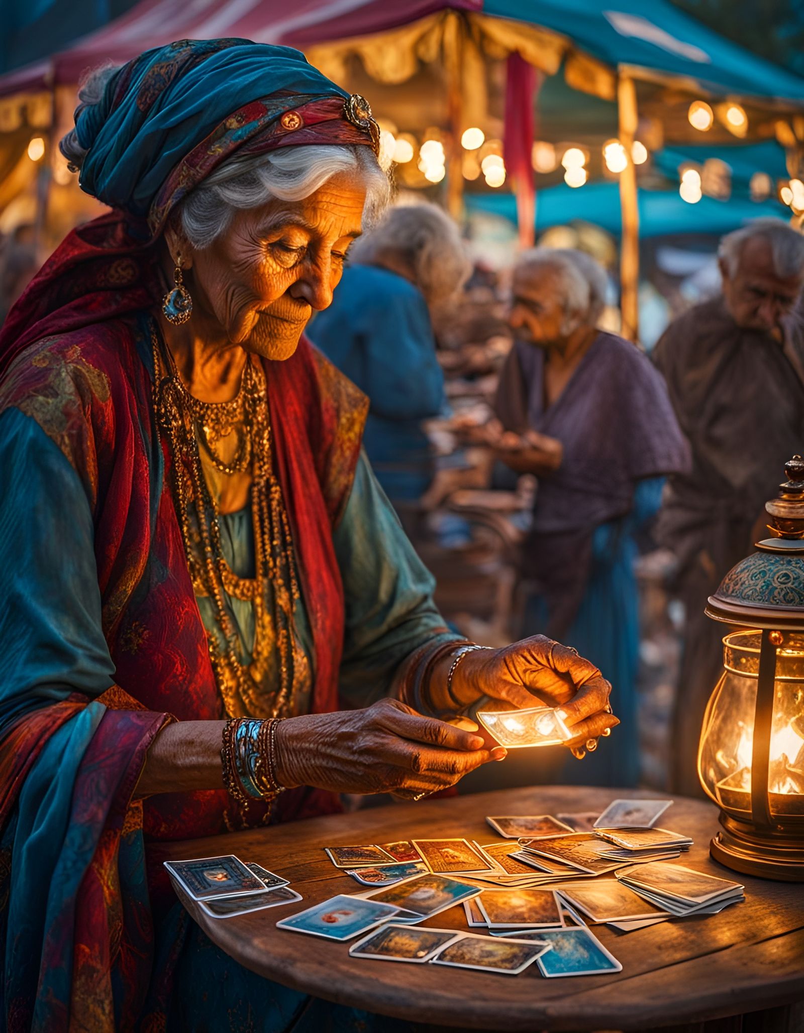 Gypsy Tarot Reader at Carnival, Impressionistic Oil Painting