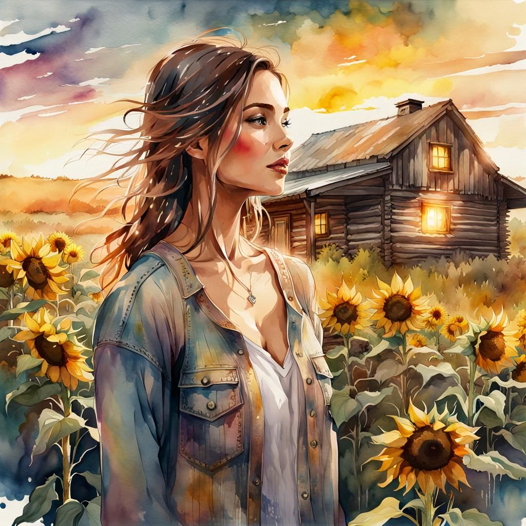 Woman and Sunflowers: Digital Watercolor Illustration