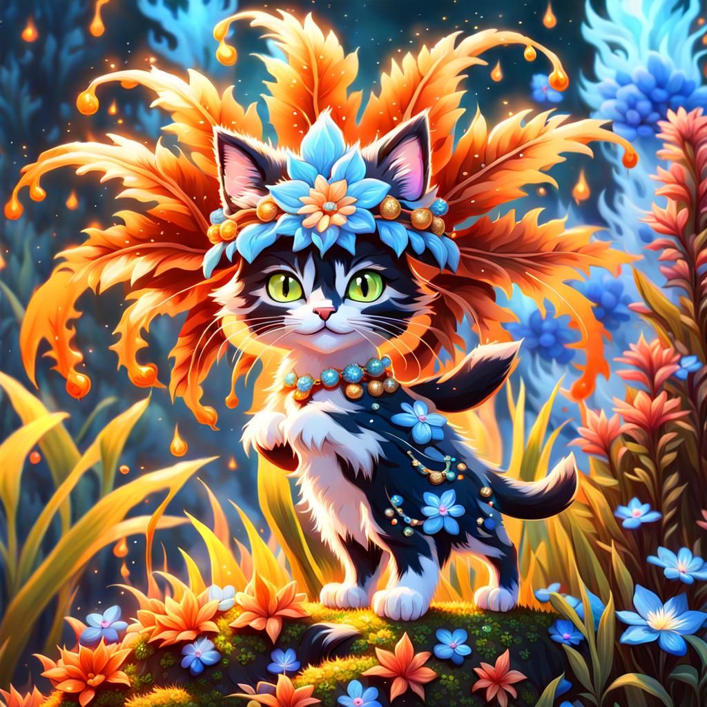 Floral Firelight Kitten in Graffiti Art Style