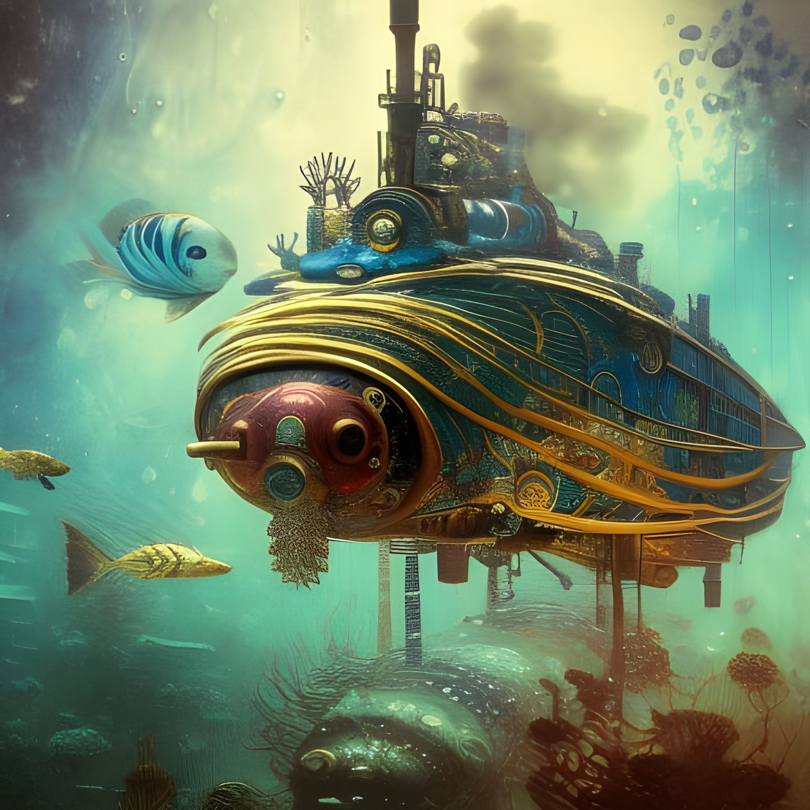 Steampunk Submarine in Underwater Fantasy Art
