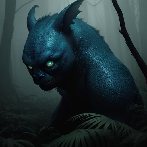 Luminous Green Creature Hopping Through Misty Forest