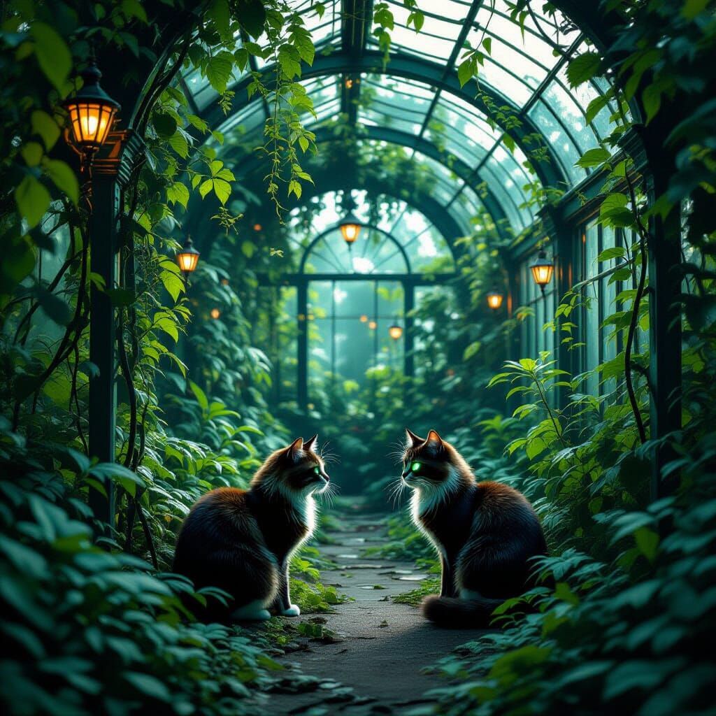 Bioluminescent Victorian Greenhouse with Curious Cat