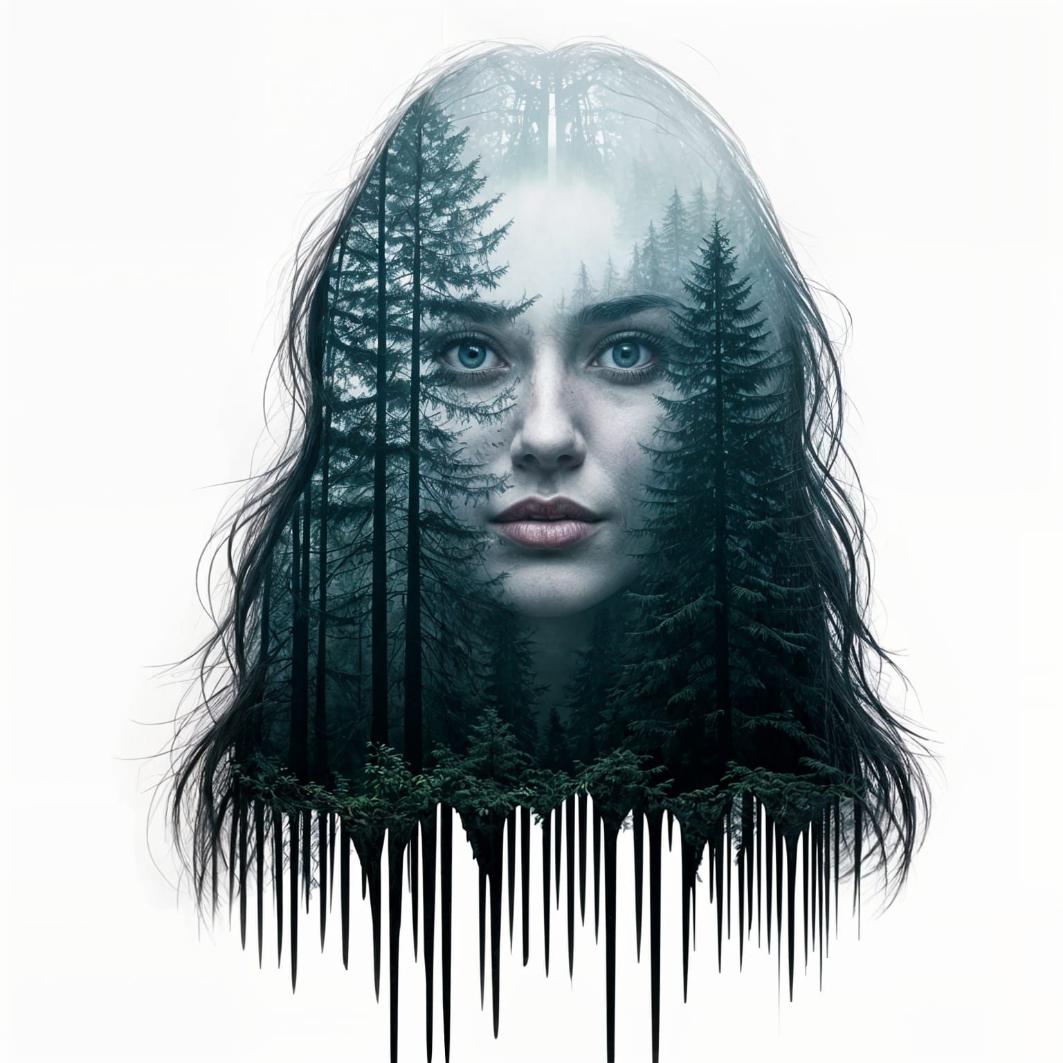 Foggy Woman Silhouette Merging with Forest