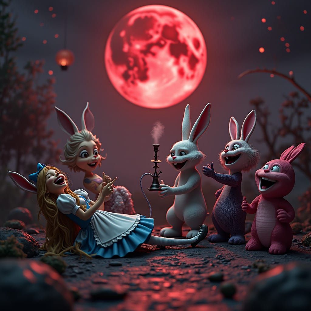 Mirthful Wonderland Gathering Under Moonlit Crimson Skies