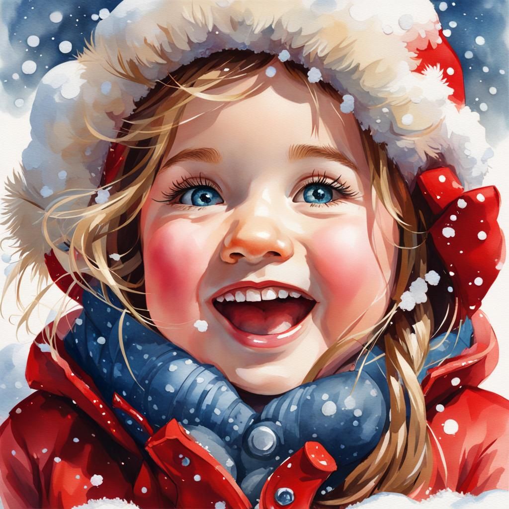 Adorable Winter Toddler Girl Laughing in Watercolor Style