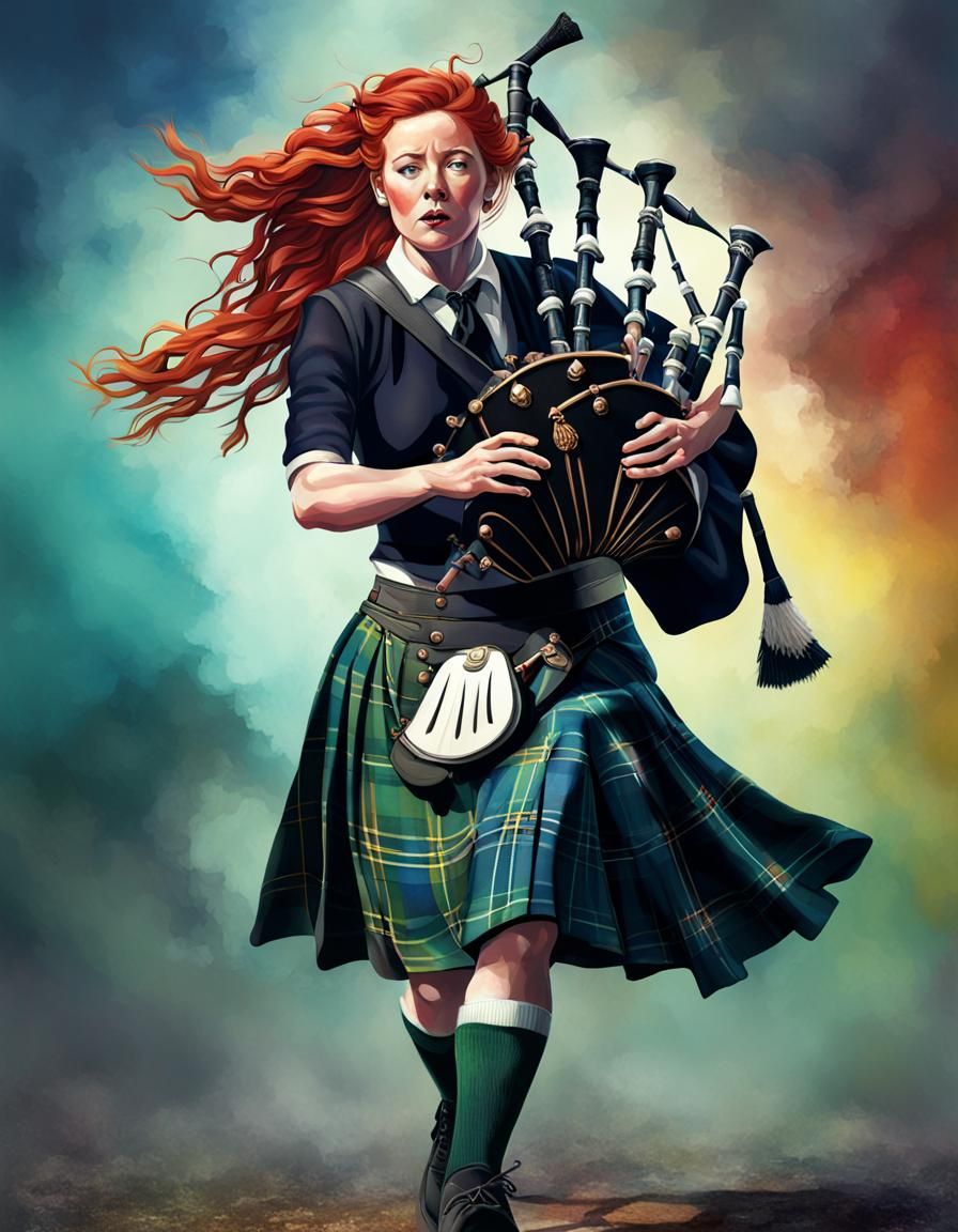 red haired Scottish woman wearing a kilt and playing bagpipes