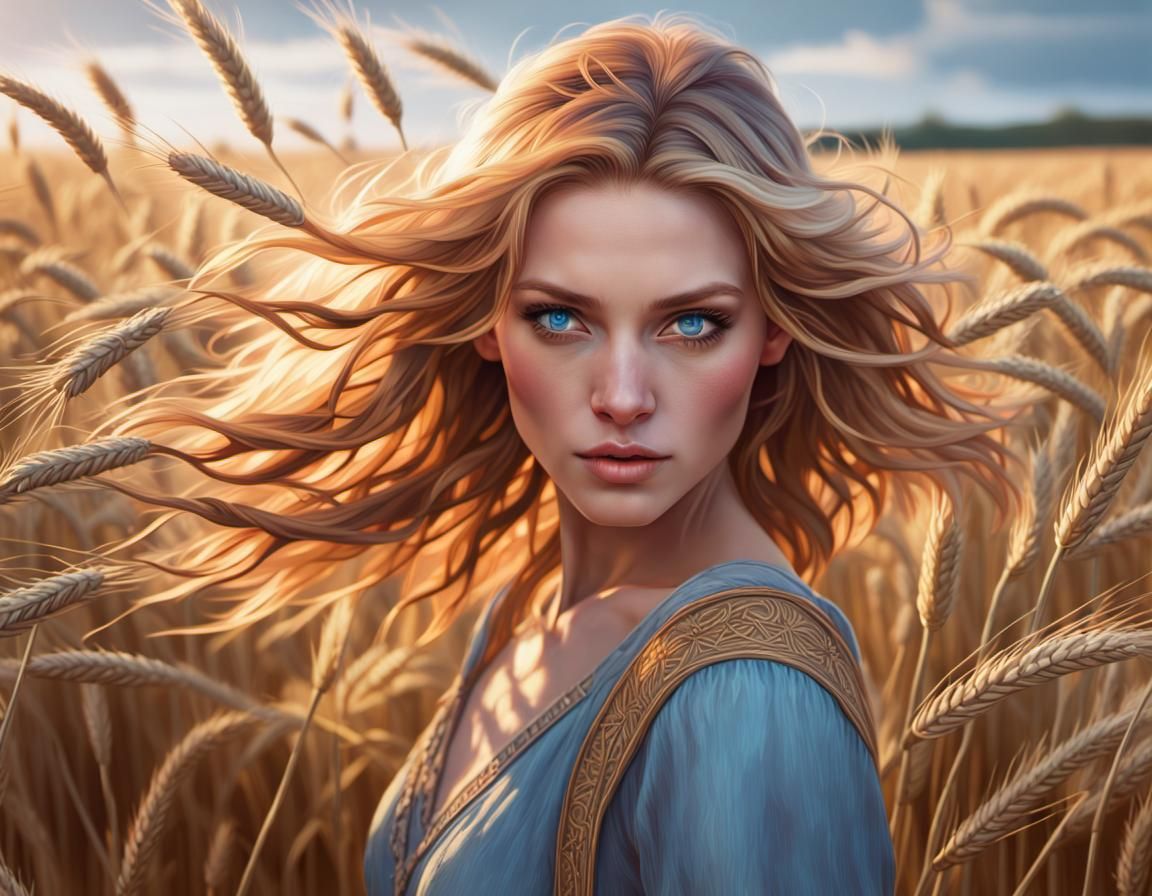 Golden Haired Woman in Wheat Field Portrait