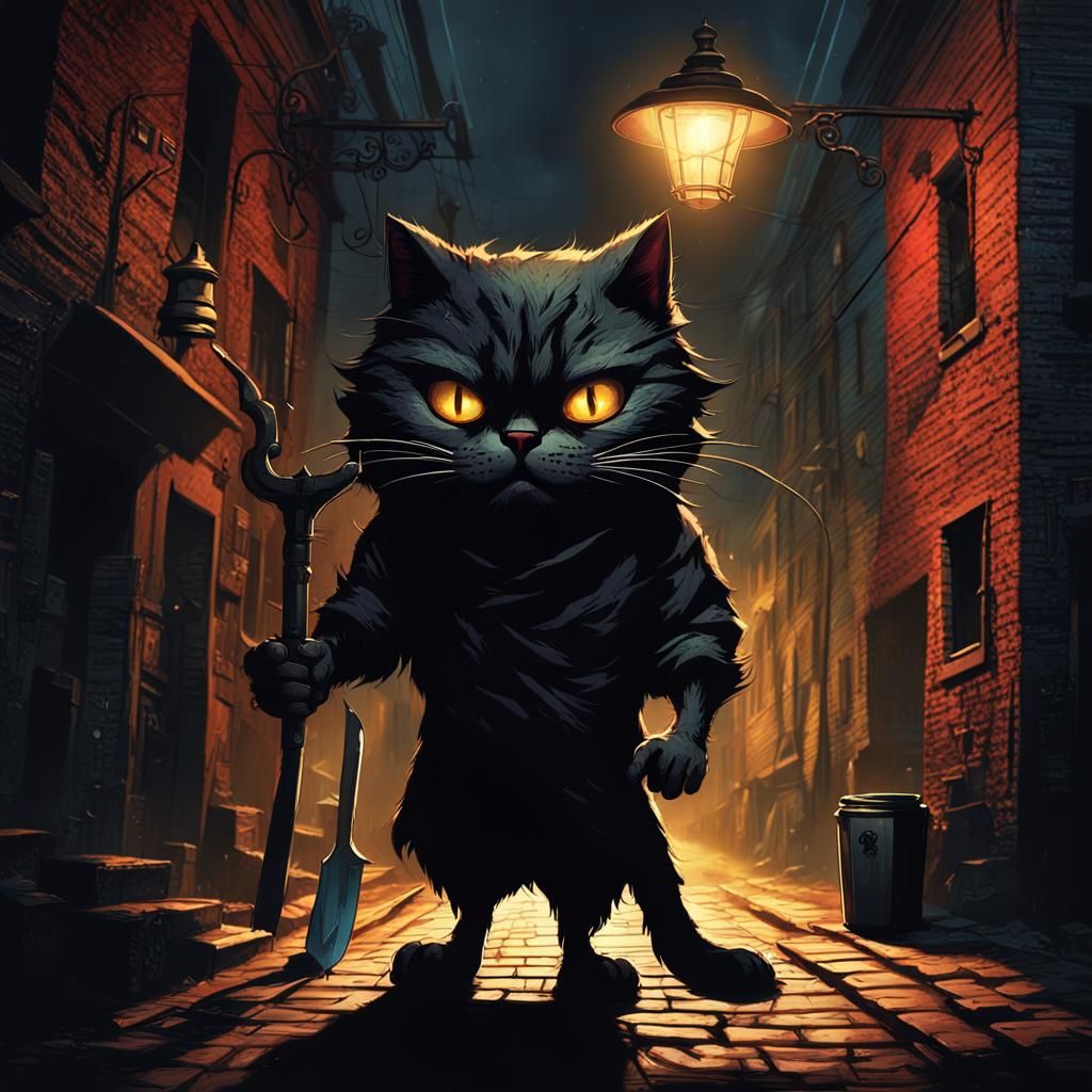 Dark Fantasy Figure Under Streetlamp in Alley