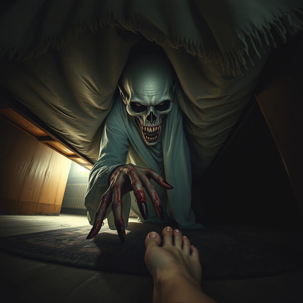 Ghostly Figure Lurks Beneath Bed in Dark, Surrealistic Reali...