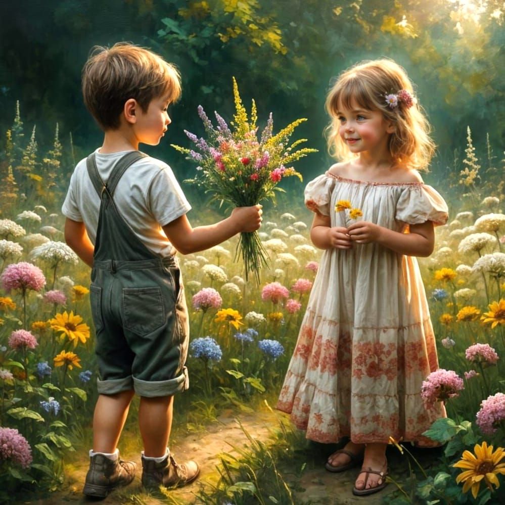 Whimsical Childhood Innocence in Oil Painting