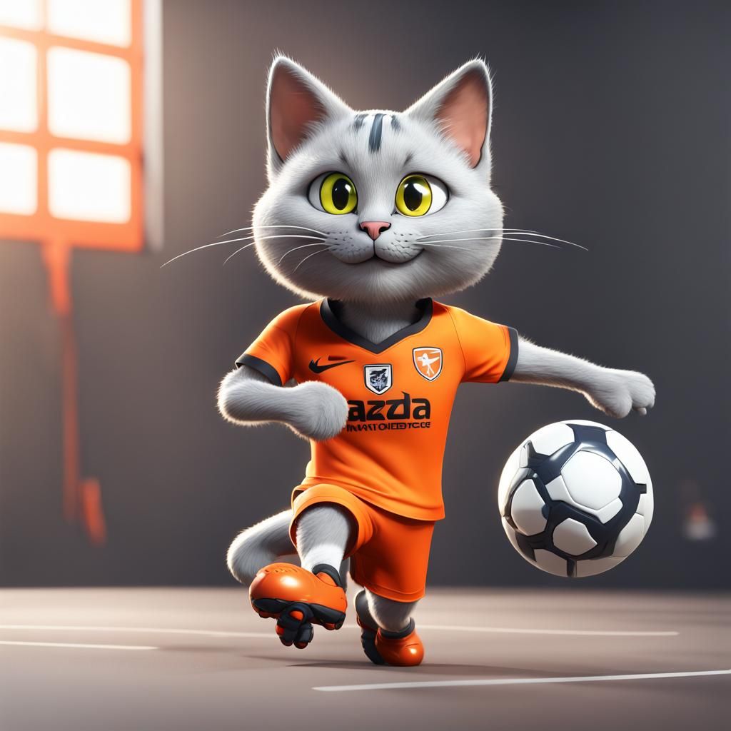 Gray Cat Kicking Soccer Ball in Comic Style
