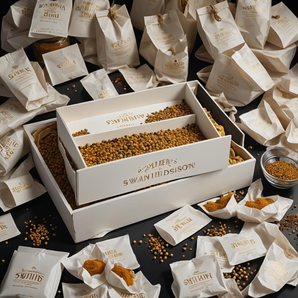 Saffron and Mustard Seeds Spill from White Box