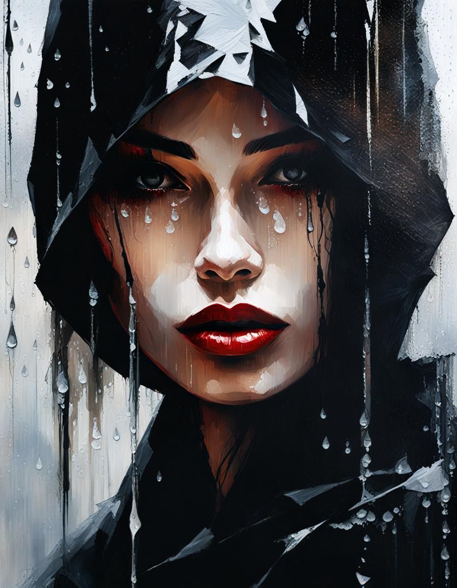 Gothic Woman in Rain: Impasto Chiaroscuro Portrait