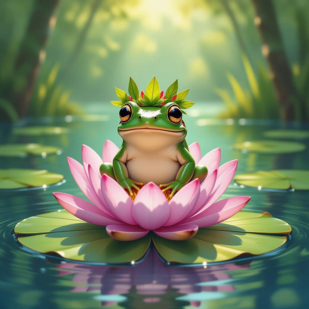 Frog King on Lily Pad in Forest Light