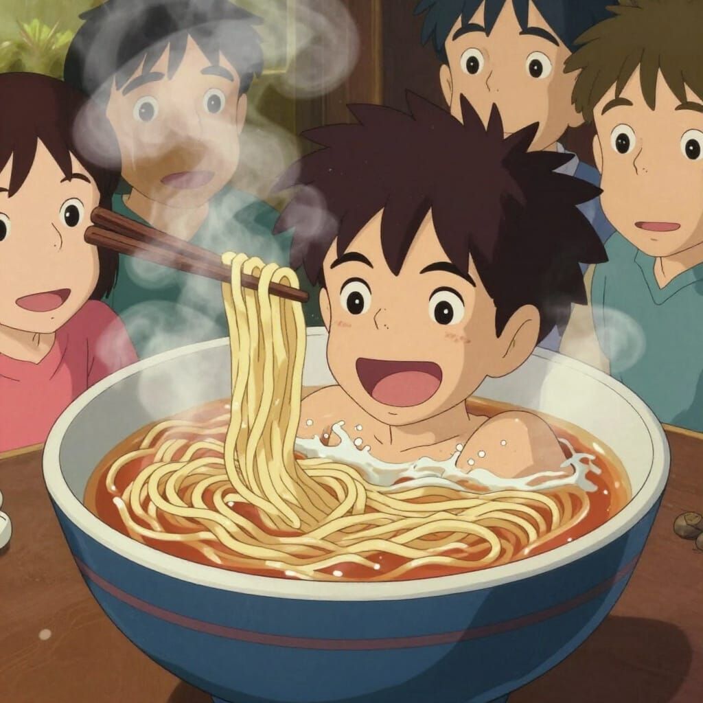 Boy Joyfully Swims in Ramen Bowl Surrounded by Onlookers
