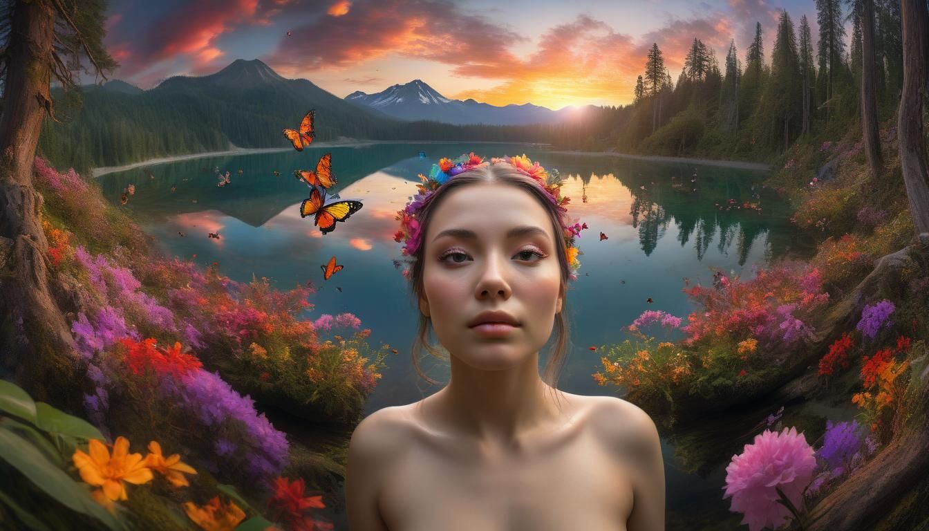 Floral Woman's Face Beside Mountain Lake, HDRI Photo
