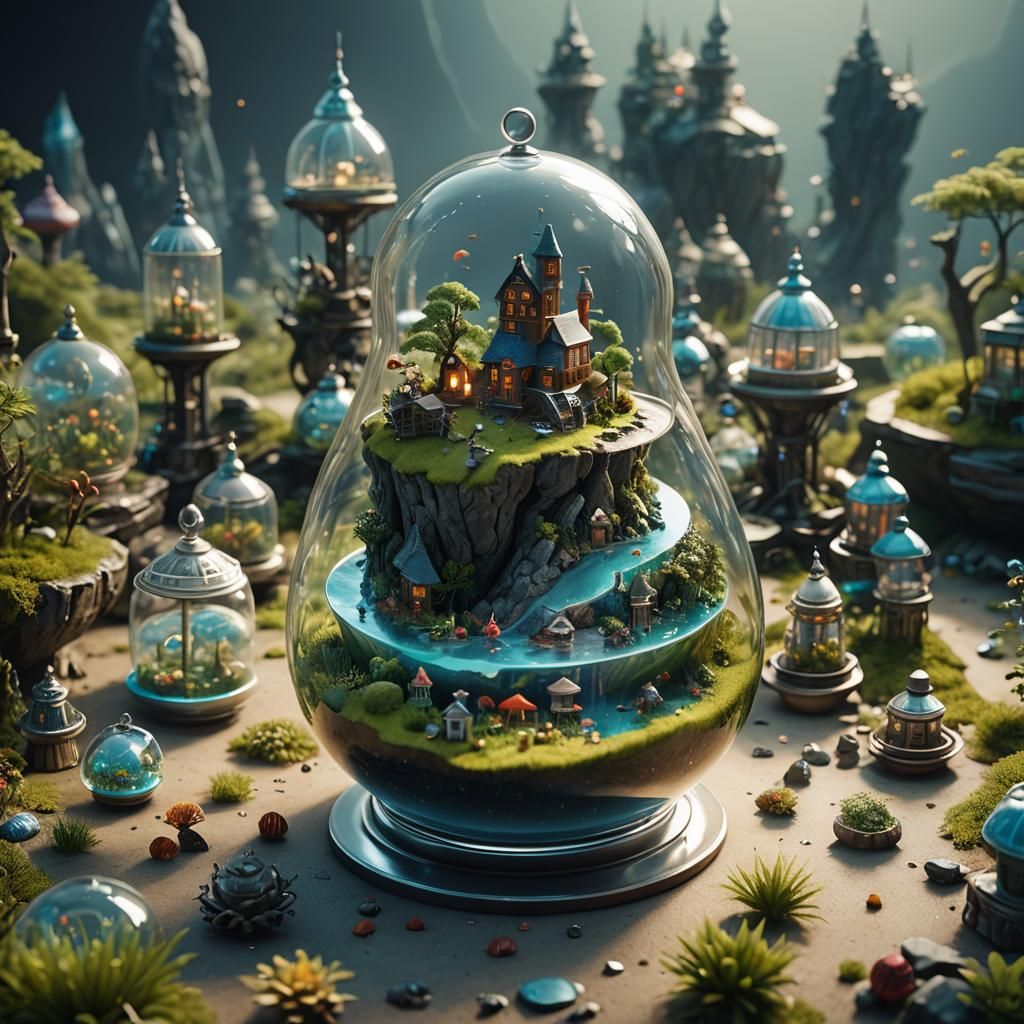 Miniature Worlds in Glass Vessels, Detailed Digital Art